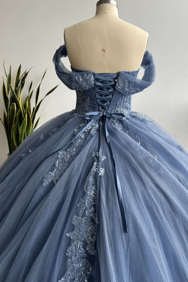 Navy Blue Off-Shoulder Ball Gown Pleated Tulle Quinceanera Dress with Lace-Up Back & Applique Details for Sweet 16 & Birthday Parties