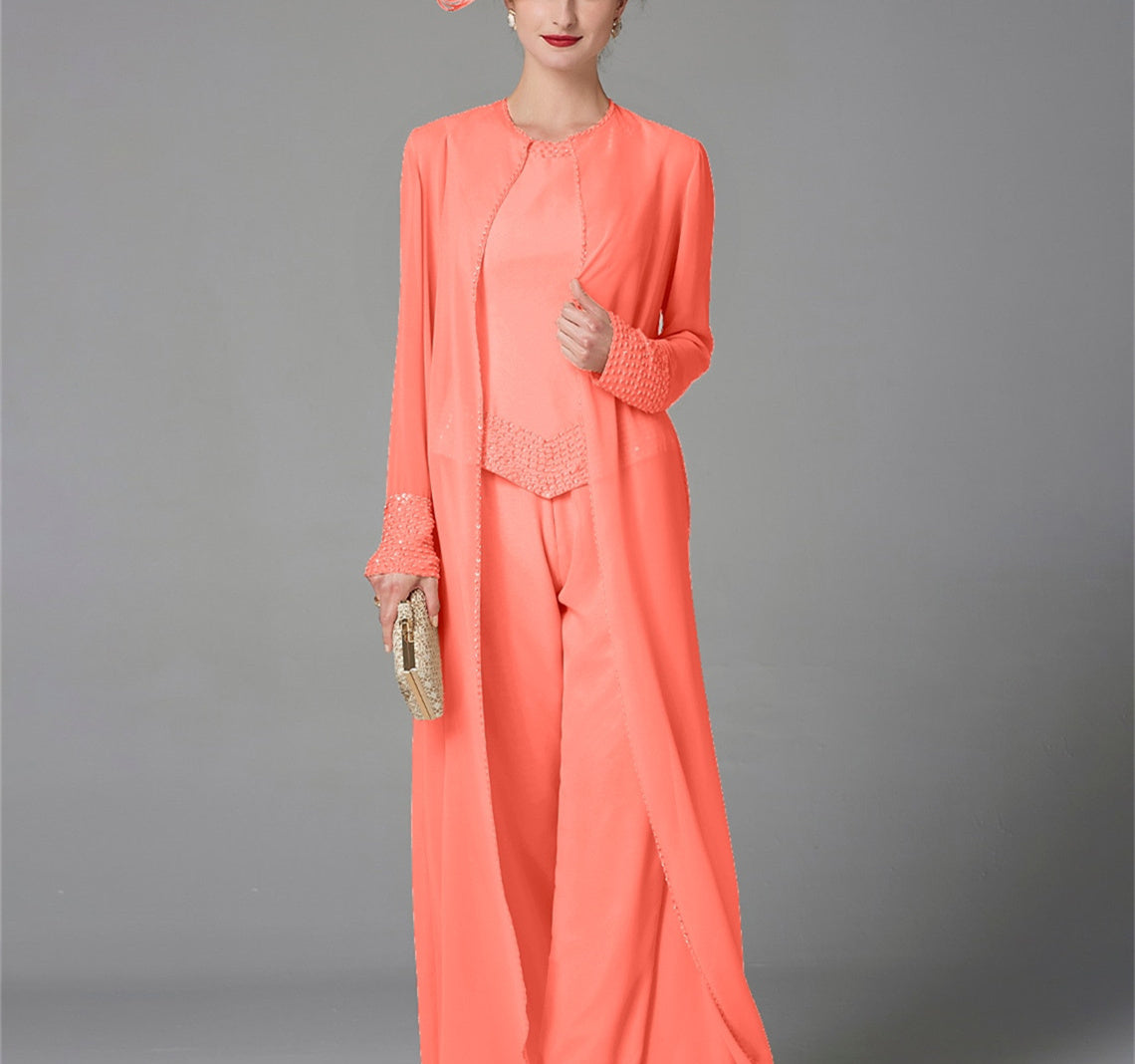 Long-Sleeve Chiffon Mother of the Bride Pantsuit with Jacket and Sequins