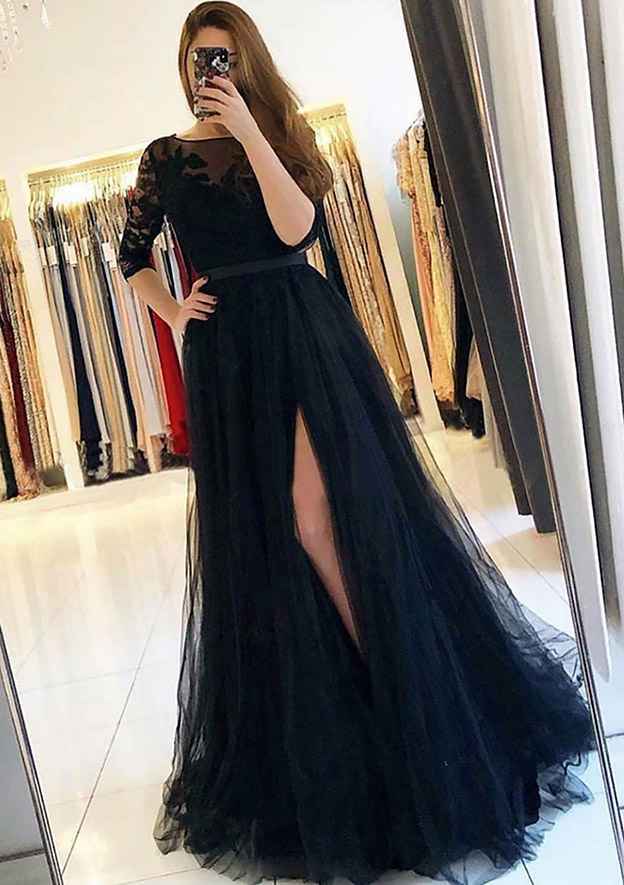 A-Line Bateau 3/4 Sleeve Prom Dress/Evening Dress With Appliqued Sweep Train Tulle