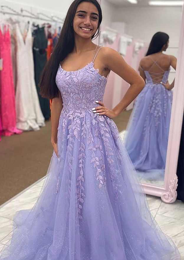 A-Line Bateau Court Train Tulle Glitter Prom Dress/Evening Dress With Appliqued Beading