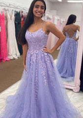 A-Line Bateau Court Train Tulle Glitter Prom Dress/Evening Dress With Appliqued Beading