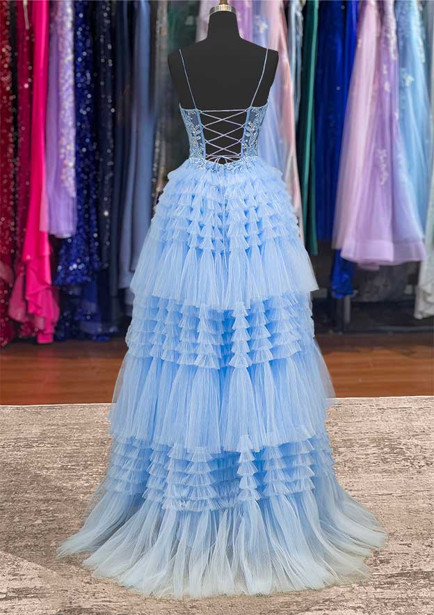 A-Line Bateau Sleeveless Prom Dress/Evening Dress with Appliqued Beading Ruffles and Tulle Long/Floor-Length Skirt