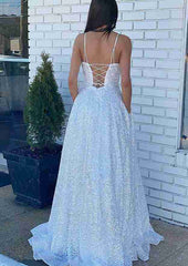 A-Line Bateau Sleeveless Sequined Prom Dress/Evening Dress with Beading Pockets
