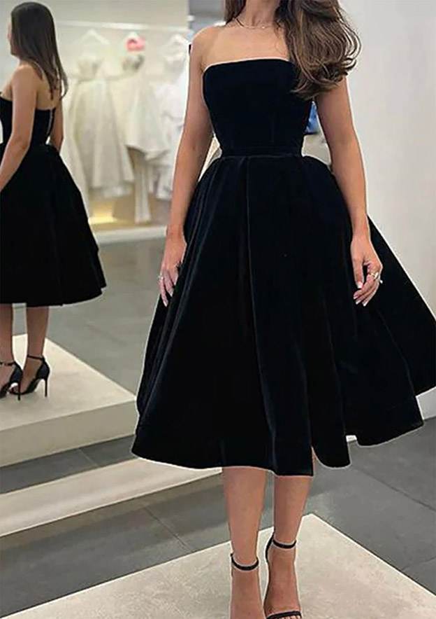 A-Line Bateau Strapless Velvet Tea-Length Prom Dress/Evening Dress