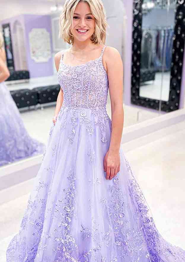 A-Line Beautiful Sleeveless Laced Tulle Prom Dress/Evening Dress With Beading Glitter and Pockets
