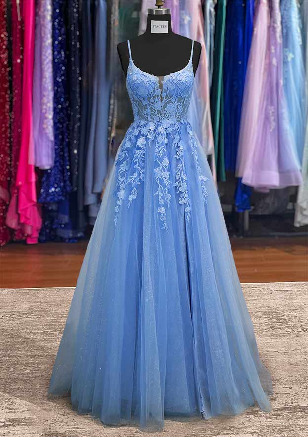A-Line Beautiful Sleeveless Tulle Long Prom Dress/Evening Dress with Appliqued