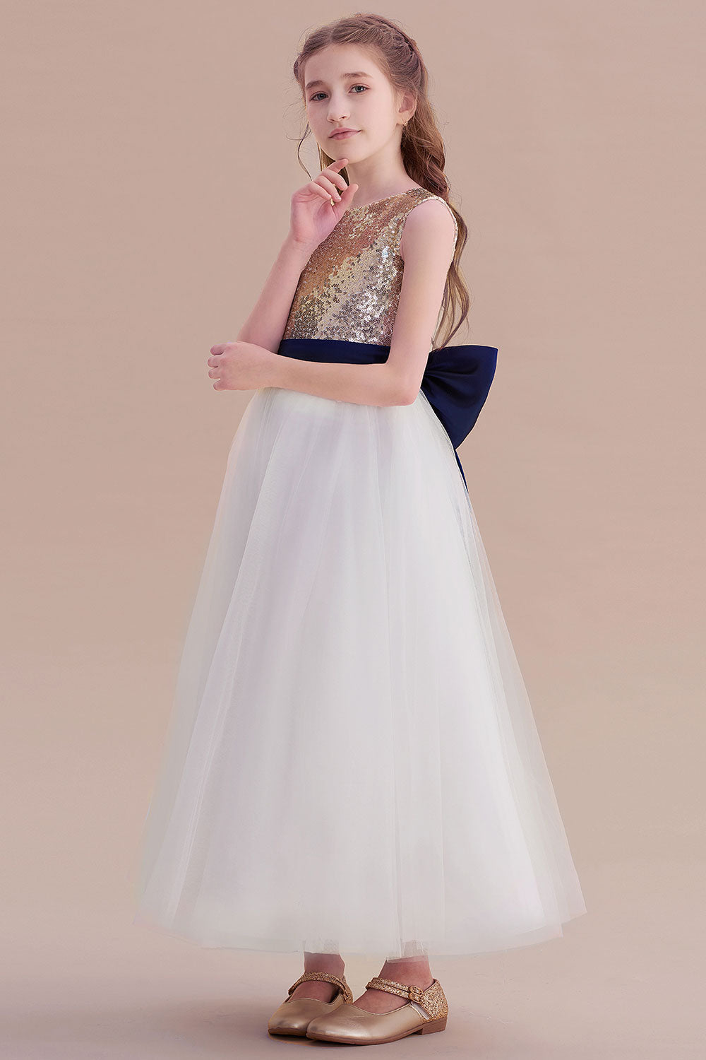 A-Line Bow Sequins Ankle Length Flower Girl Dress Online