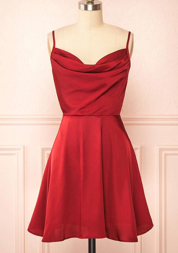 A-Line Cowl Neck Charmeuse Homecoming Dress with Pleated Sleeveless Short/Mini