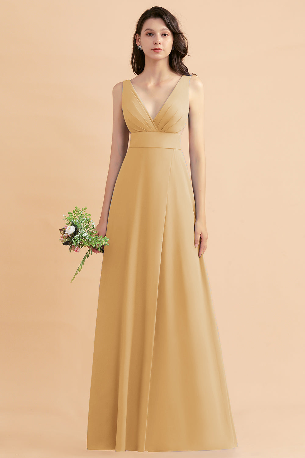 A-Line Dusty Blue Chiffon Ruffles Bridesmaid Dress with Slit
