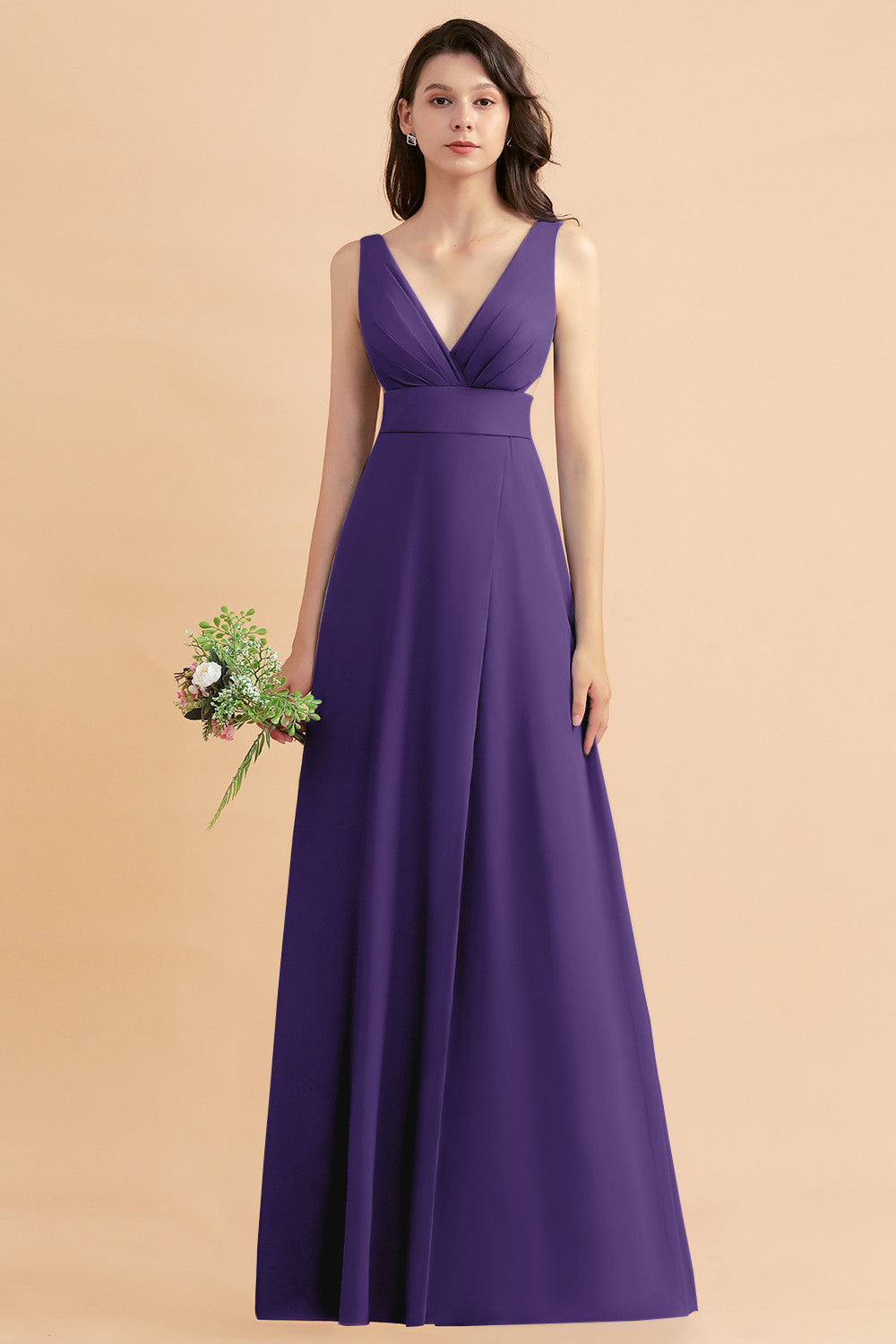 A-Line Dusty Blue Chiffon Ruffles Bridesmaid Dress with Slit