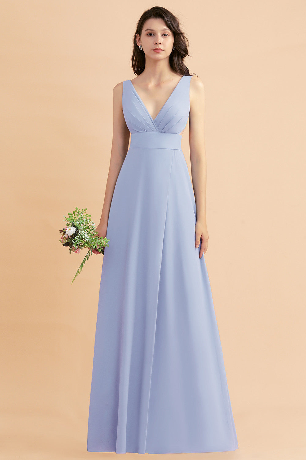 A-Line Dusty Blue Chiffon Ruffles Bridesmaid Dress with Slit