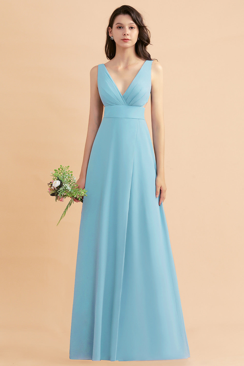 A-Line Dusty Blue Chiffon Ruffles Bridesmaid Dress with Slit