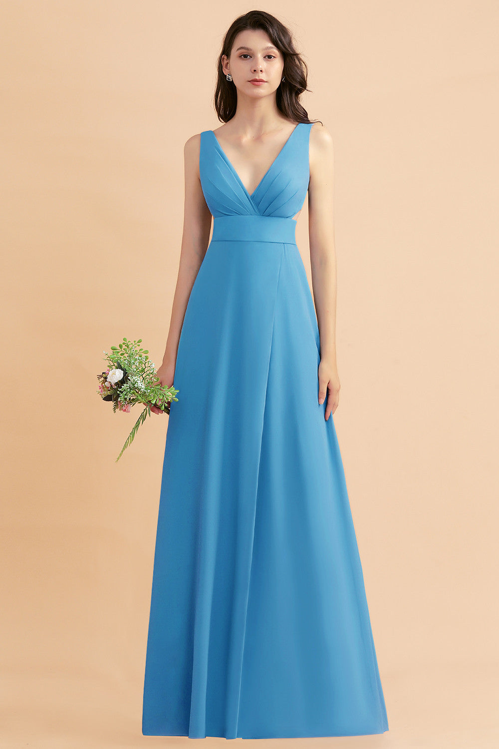 A-Line Dusty Blue Chiffon Ruffles Bridesmaid Dress with Slit
