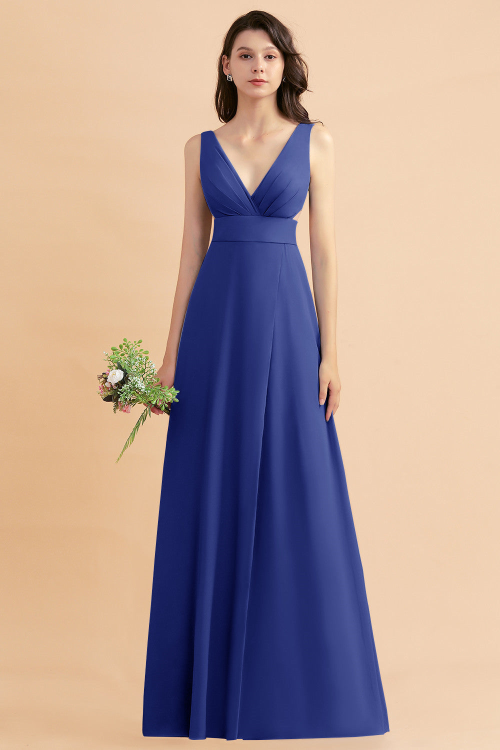 A-Line Dusty Blue Chiffon Ruffles Bridesmaid Dress with Slit