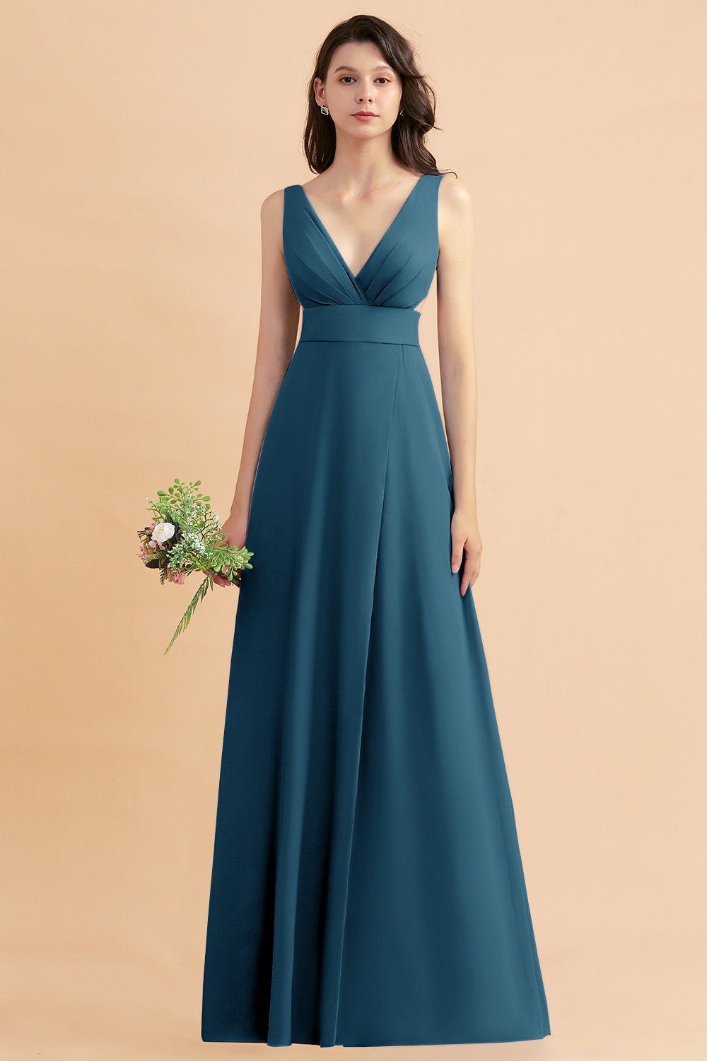 A-Line Dusty Blue Chiffon Ruffles Bridesmaid Dress with Slit