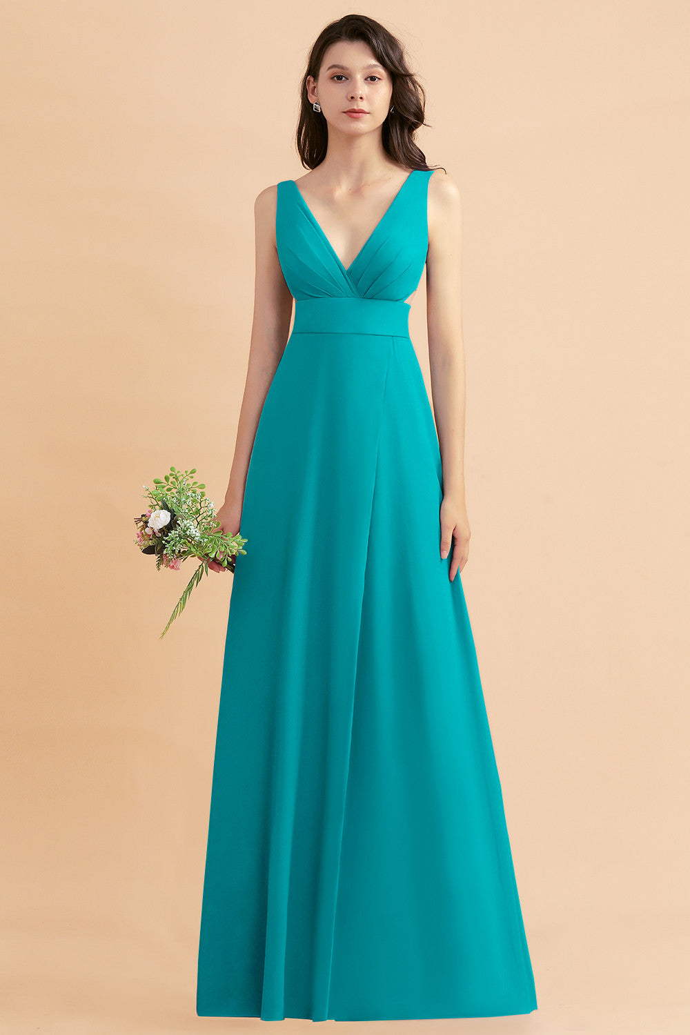 A-Line Dusty Blue Chiffon Ruffles Bridesmaid Dress with Slit
