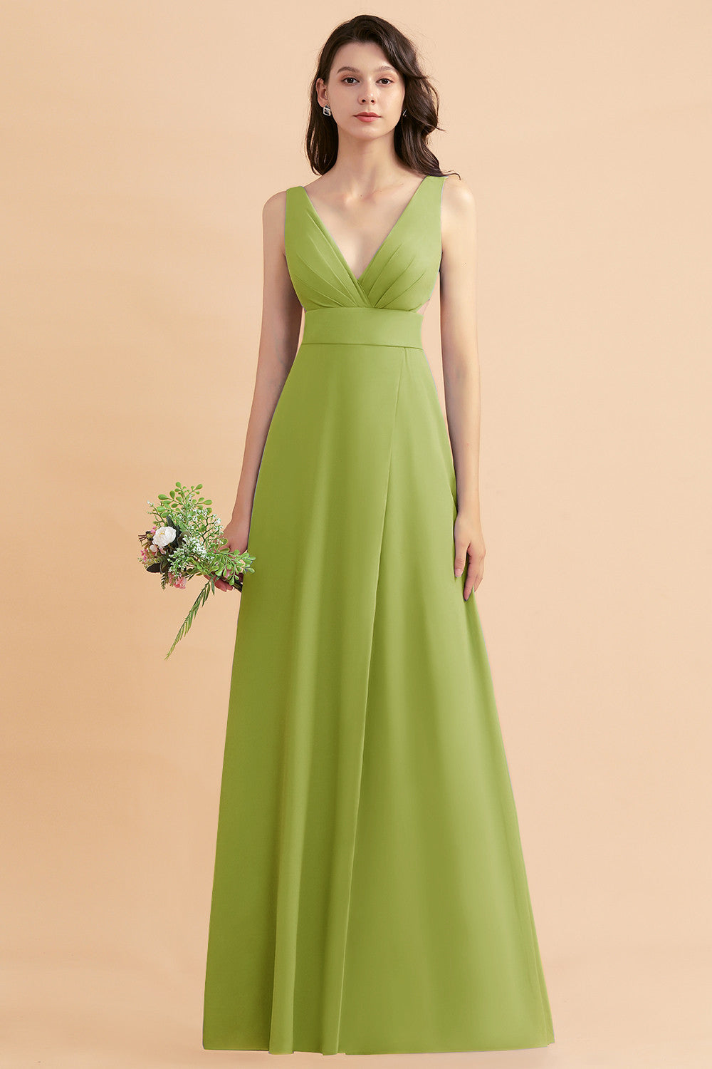 A-Line Dusty Blue Chiffon Ruffles Bridesmaid Dress with Slit