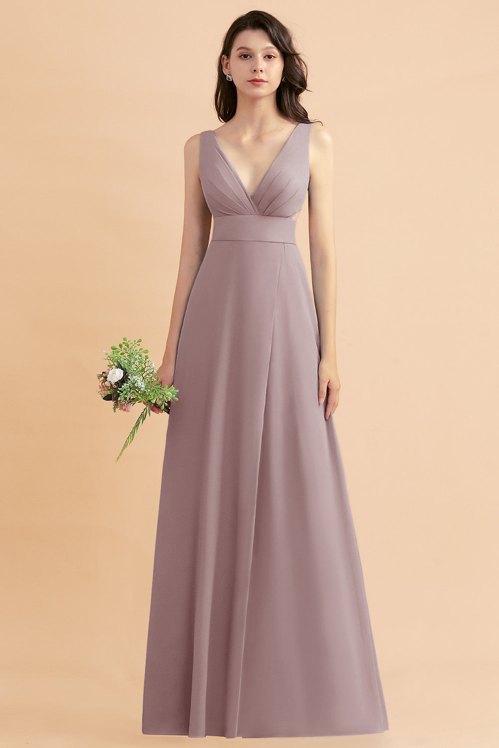 A-Line Dusty Blue Chiffon Ruffles Bridesmaid Dress with Slit