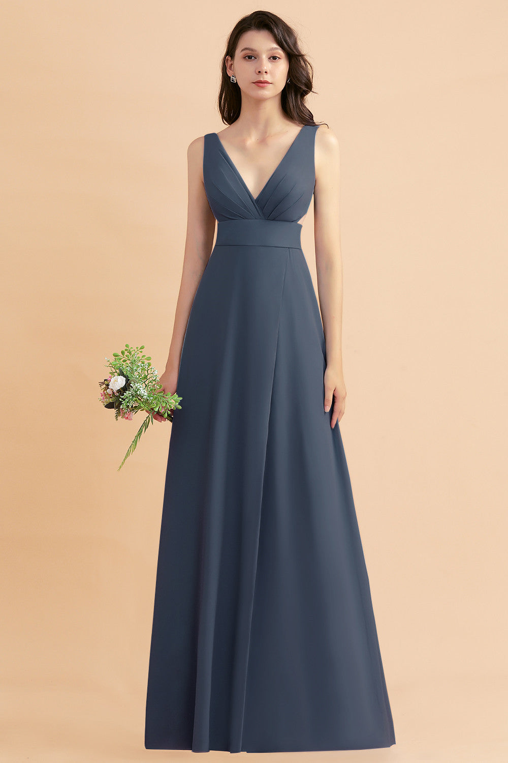 A-Line Dusty Blue Chiffon Ruffles Bridesmaid Dress with Slit