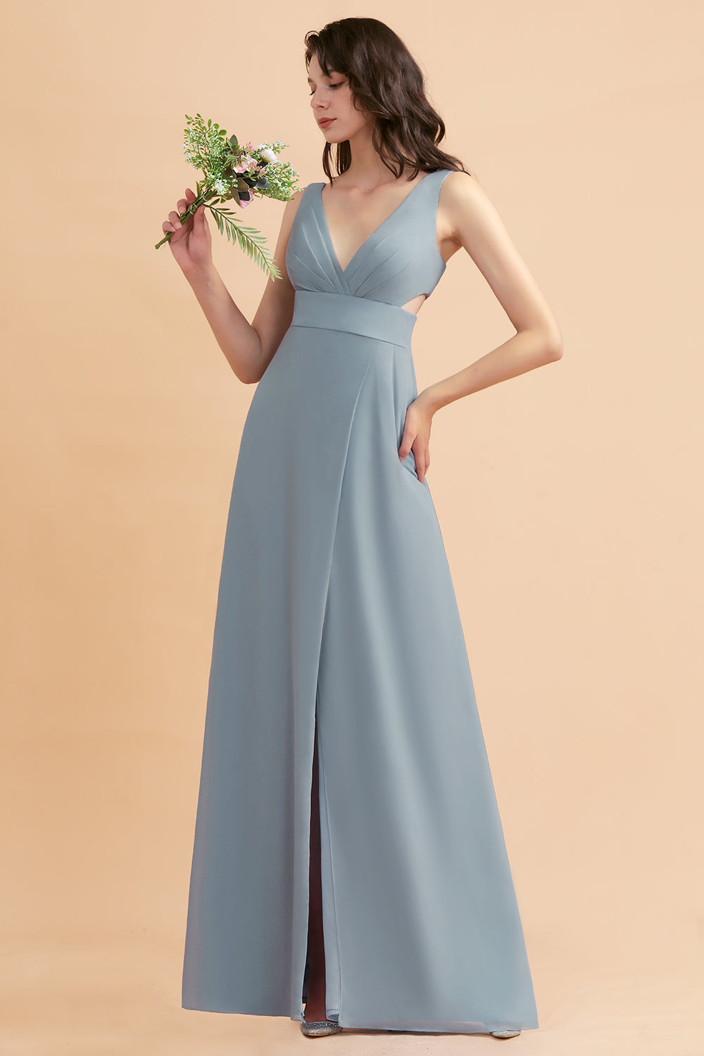 A-Line Dusty Blue Chiffon Ruffles Bridesmaid Dress with Slit