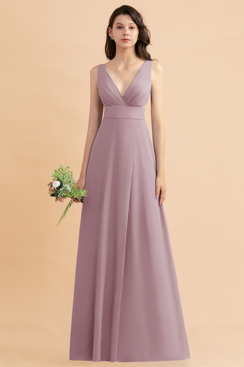 A-Line Dusty Blue Chiffon Ruffles Bridesmaid Dress with Slit