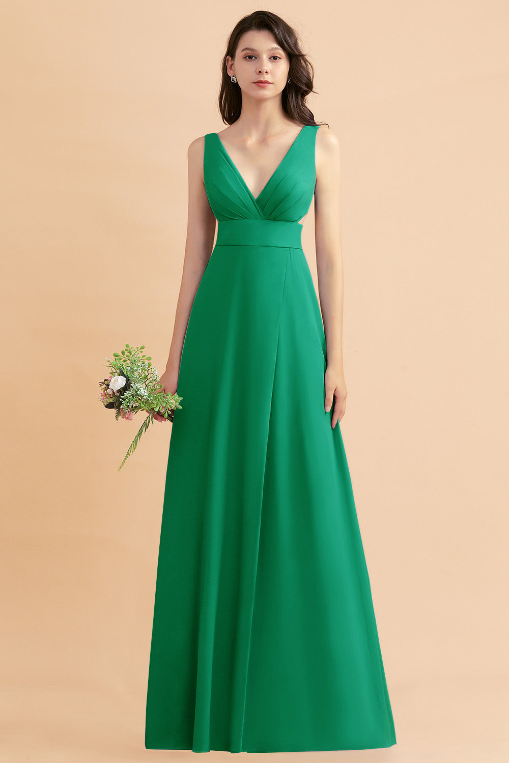 A-Line Dusty Blue Chiffon Ruffles Bridesmaid Dress with Slit