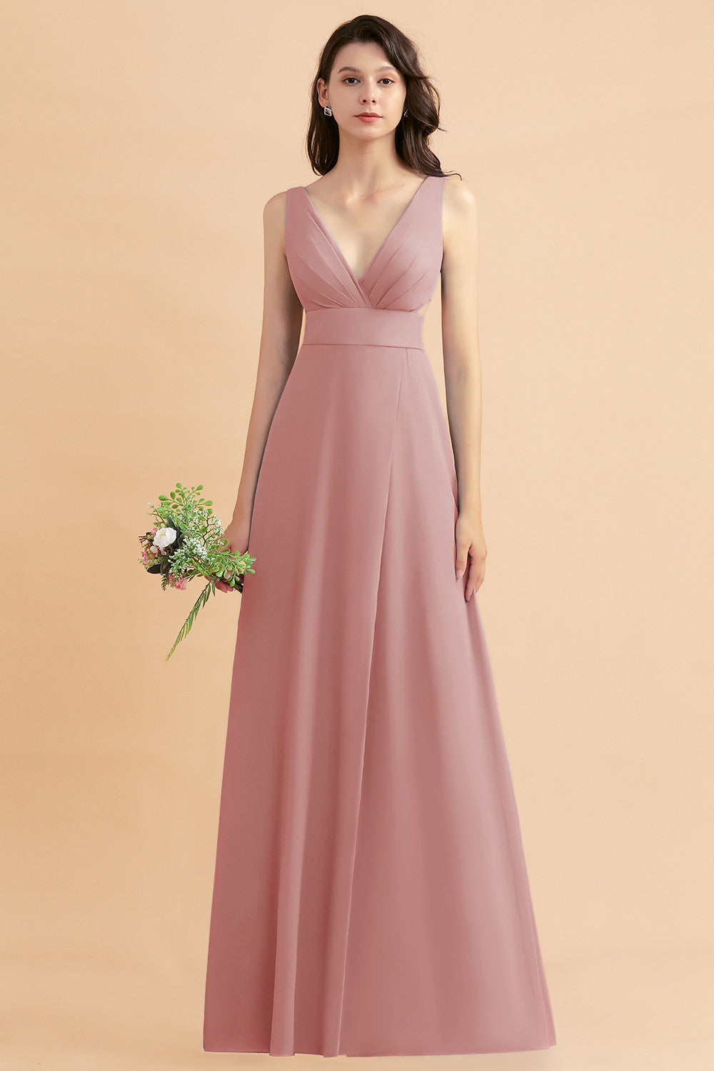 A-Line Dusty Blue Chiffon Ruffles Bridesmaid Dress with Slit