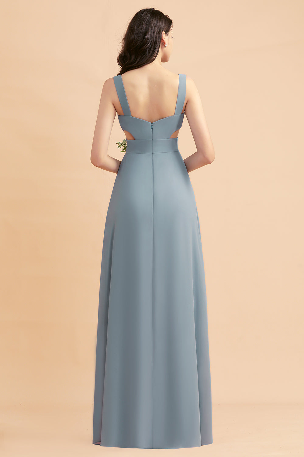 A-Line Dusty Blue Chiffon Ruffles Bridesmaid Dress with Slit