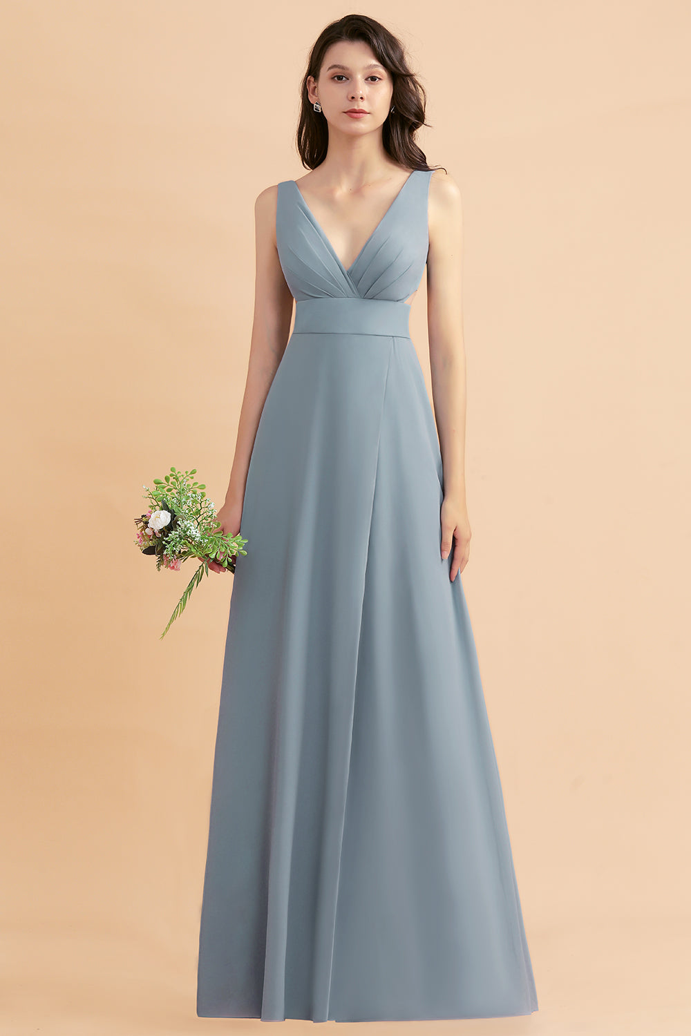 A-Line Dusty Blue Chiffon Ruffles Bridesmaid Dress with Slit