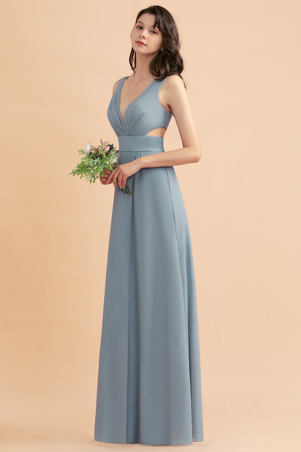 A-Line Dusty Blue Chiffon Ruffles Bridesmaid Dress with Slit