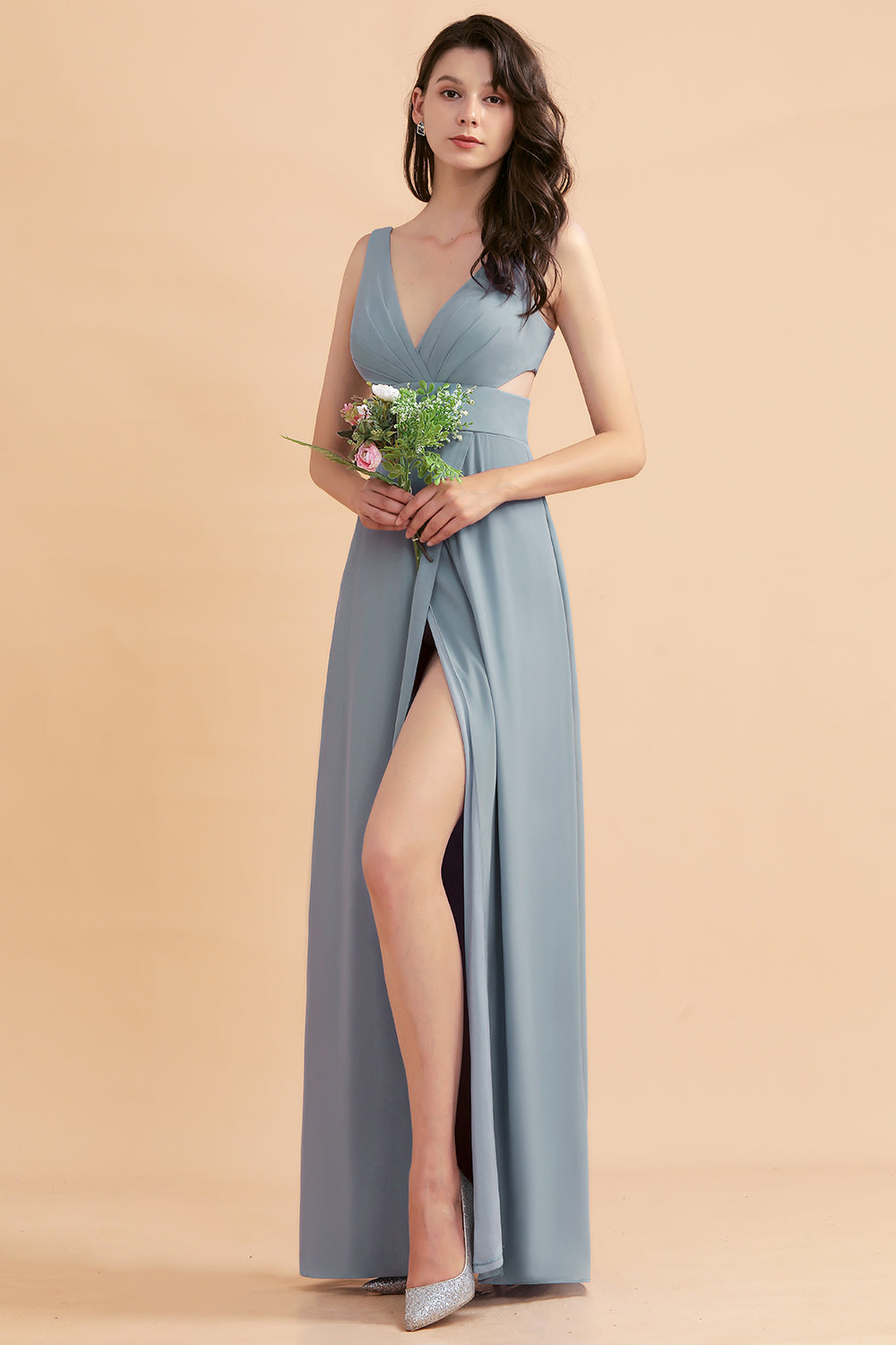 A-Line Dusty Blue Chiffon Ruffles Bridesmaid Dress with Slit