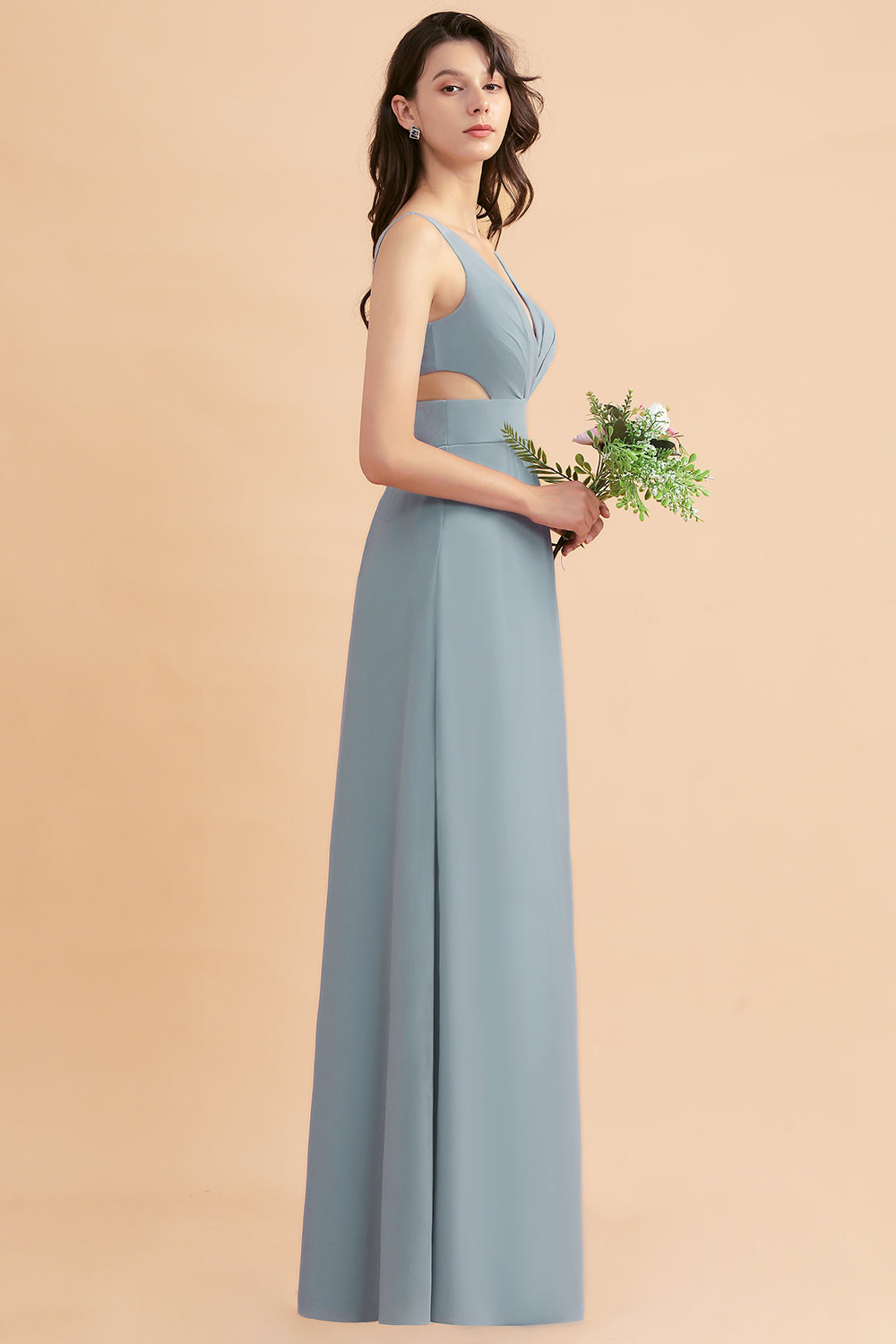 A-Line Dusty Blue Chiffon Ruffles Bridesmaid Dress with Slit