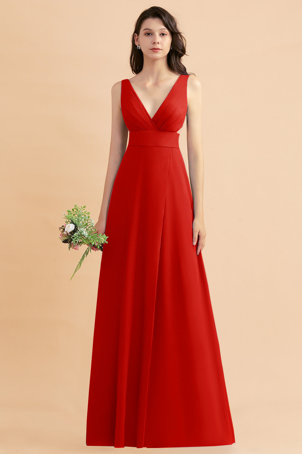 A-Line Dusty Blue Chiffon Ruffles Bridesmaid Dress with Slit