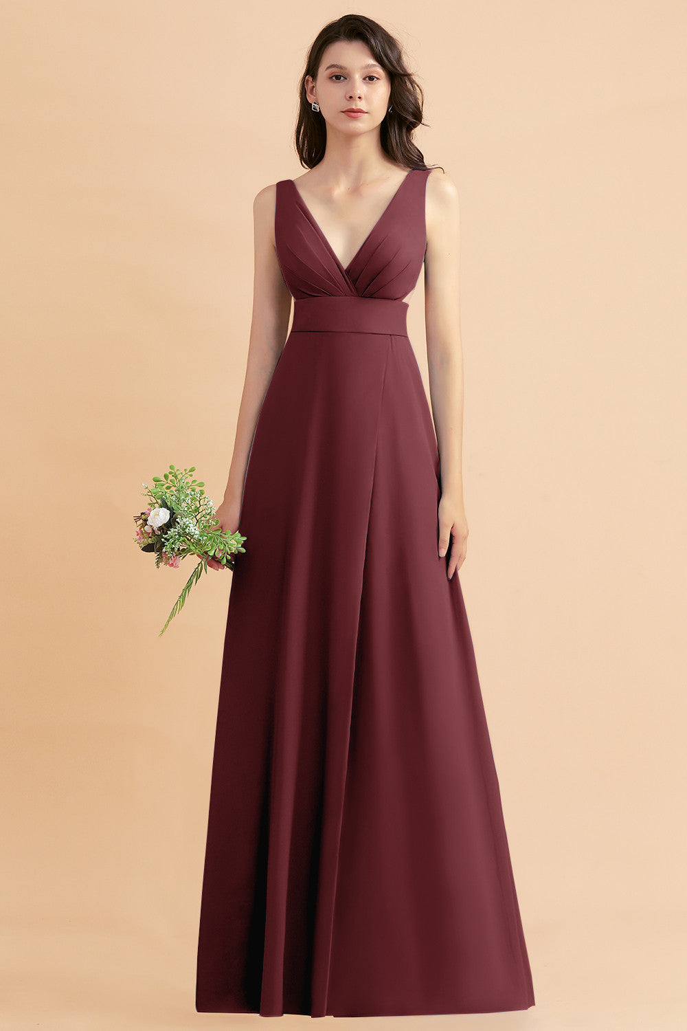 A-Line Dusty Blue Chiffon Ruffles Bridesmaid Dress with Slit