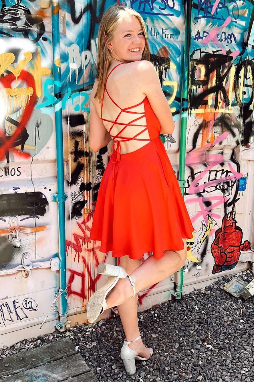 A-Line Hot Pink Cowl-Neck Lace-Up Short Homecoming Dress