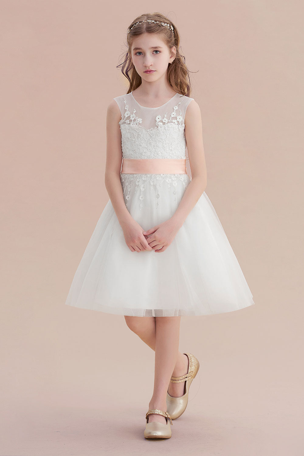 A-Line Illusion Appliques Tulle Flower Girl Dress Online