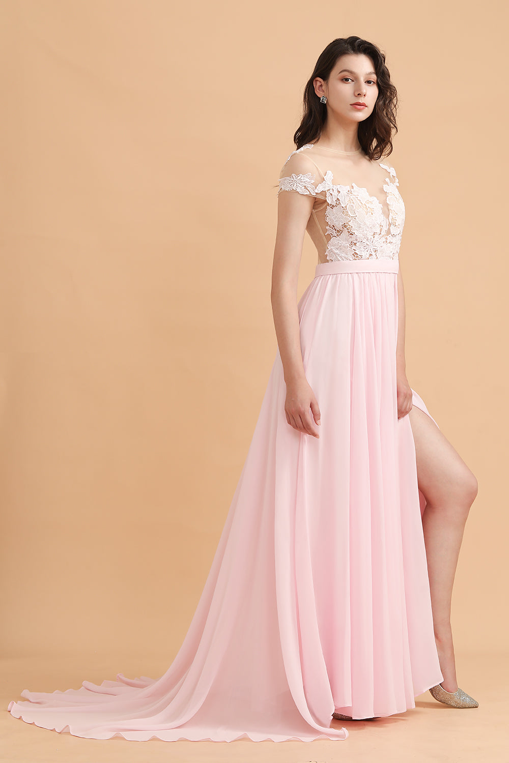 A-Line Jewel Chiffon Lace Ruffles Bridesmaid Dress with Slit