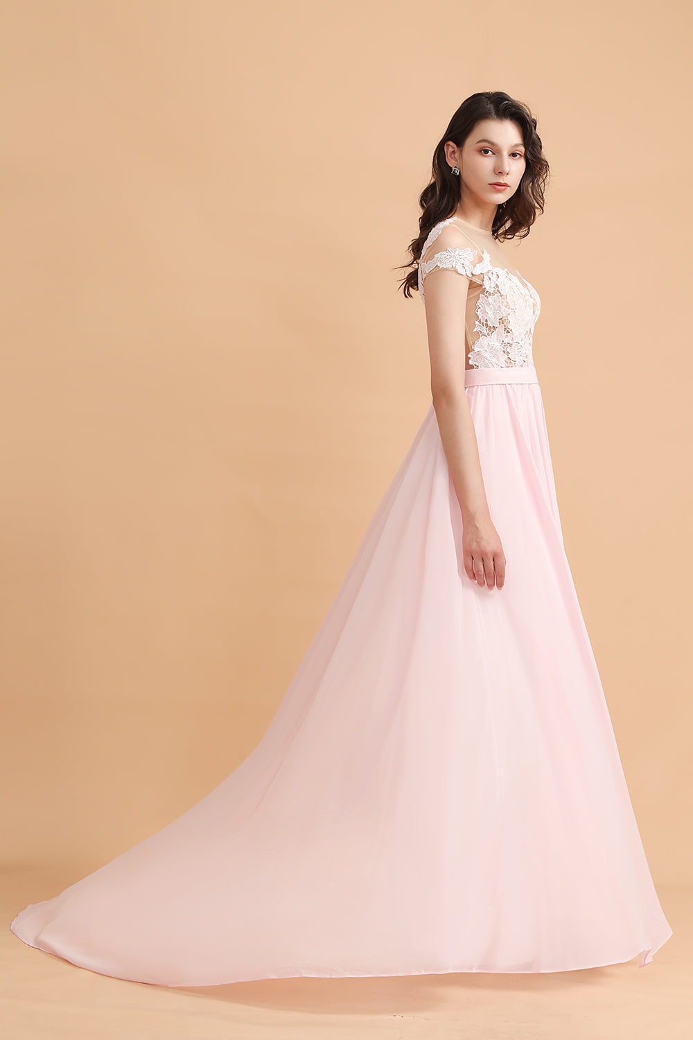 A-Line Jewel Chiffon Lace Ruffles Bridesmaid Dress with Slit