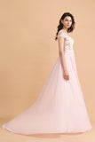 A-Line Jewel Chiffon Lace Ruffles Bridesmaid Dress with Slit