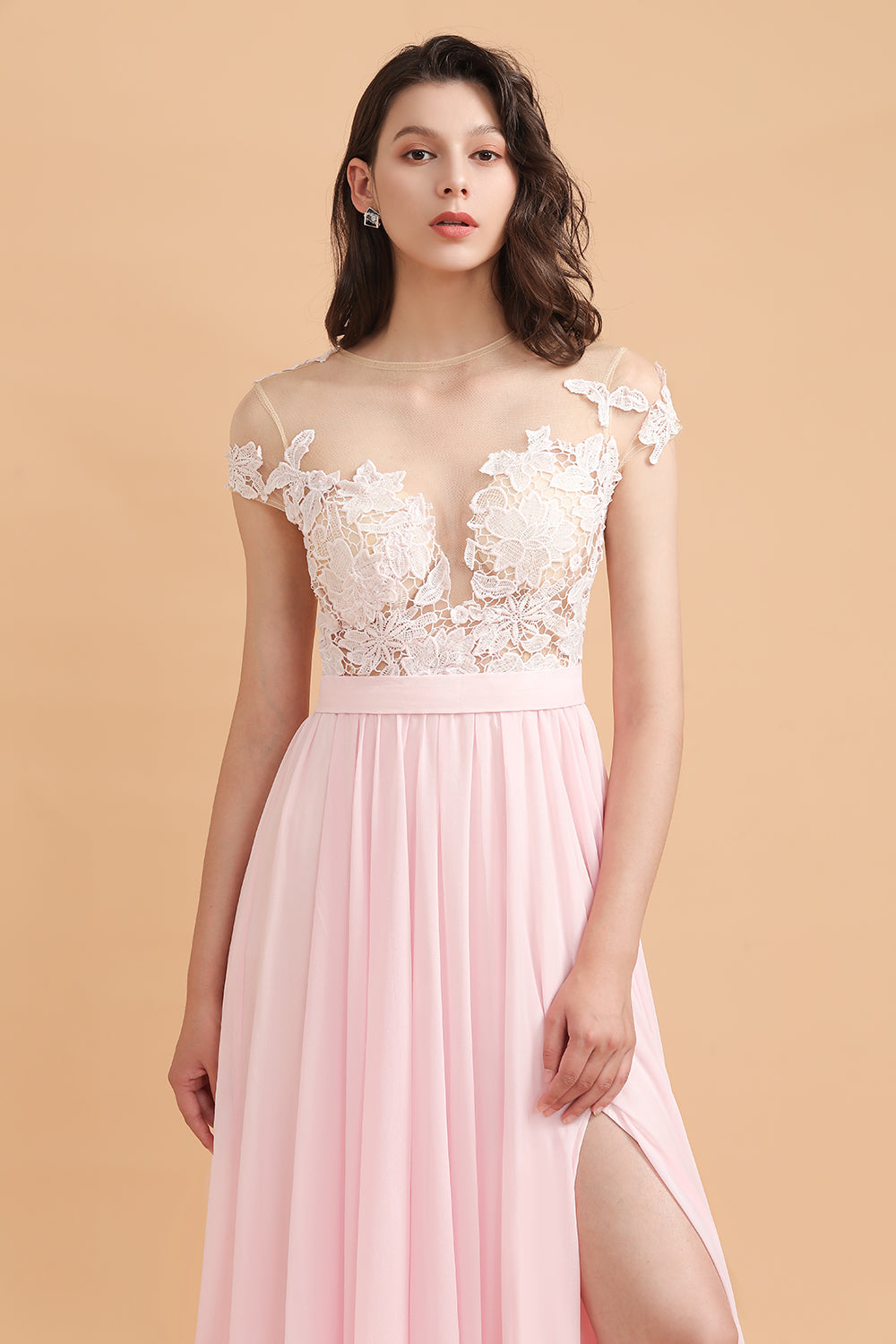 A-Line Jewel Chiffon Lace Ruffles Bridesmaid Dress with Slit