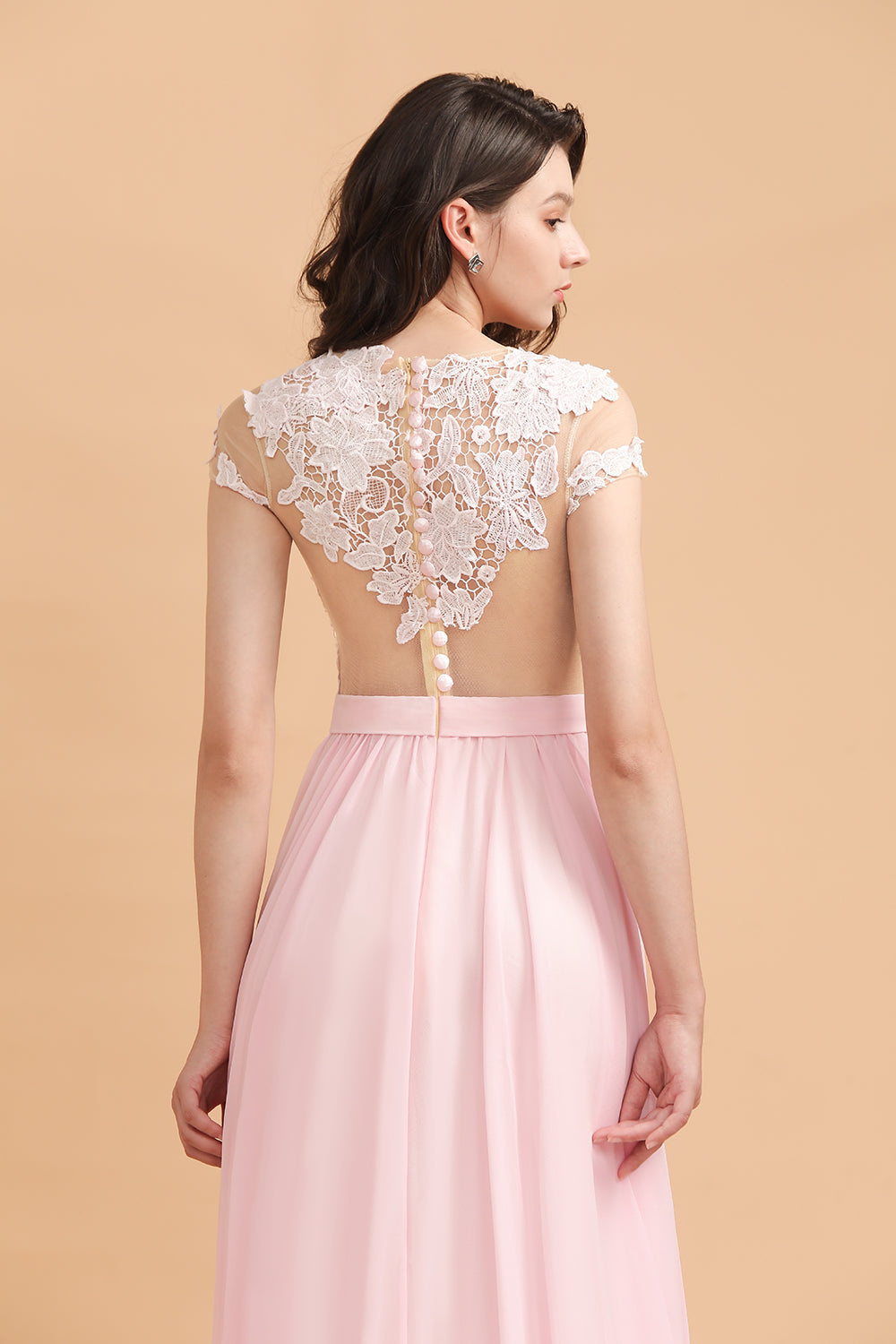 A-Line Jewel Chiffon Lace Ruffles Bridesmaid Dress with Slit