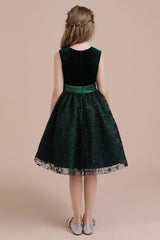 A-Line Lace Velvet Knee Length Flower Girl Dress Online