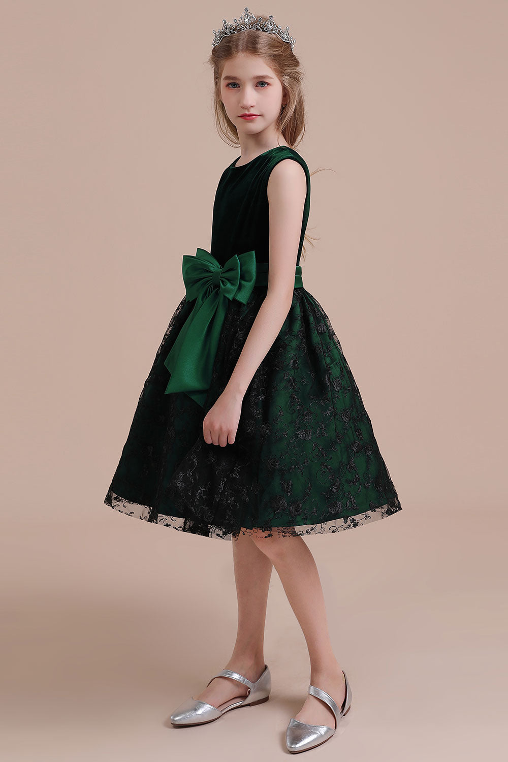 A-Line Lace Velvet Knee Length Flower Girl Dress Online
