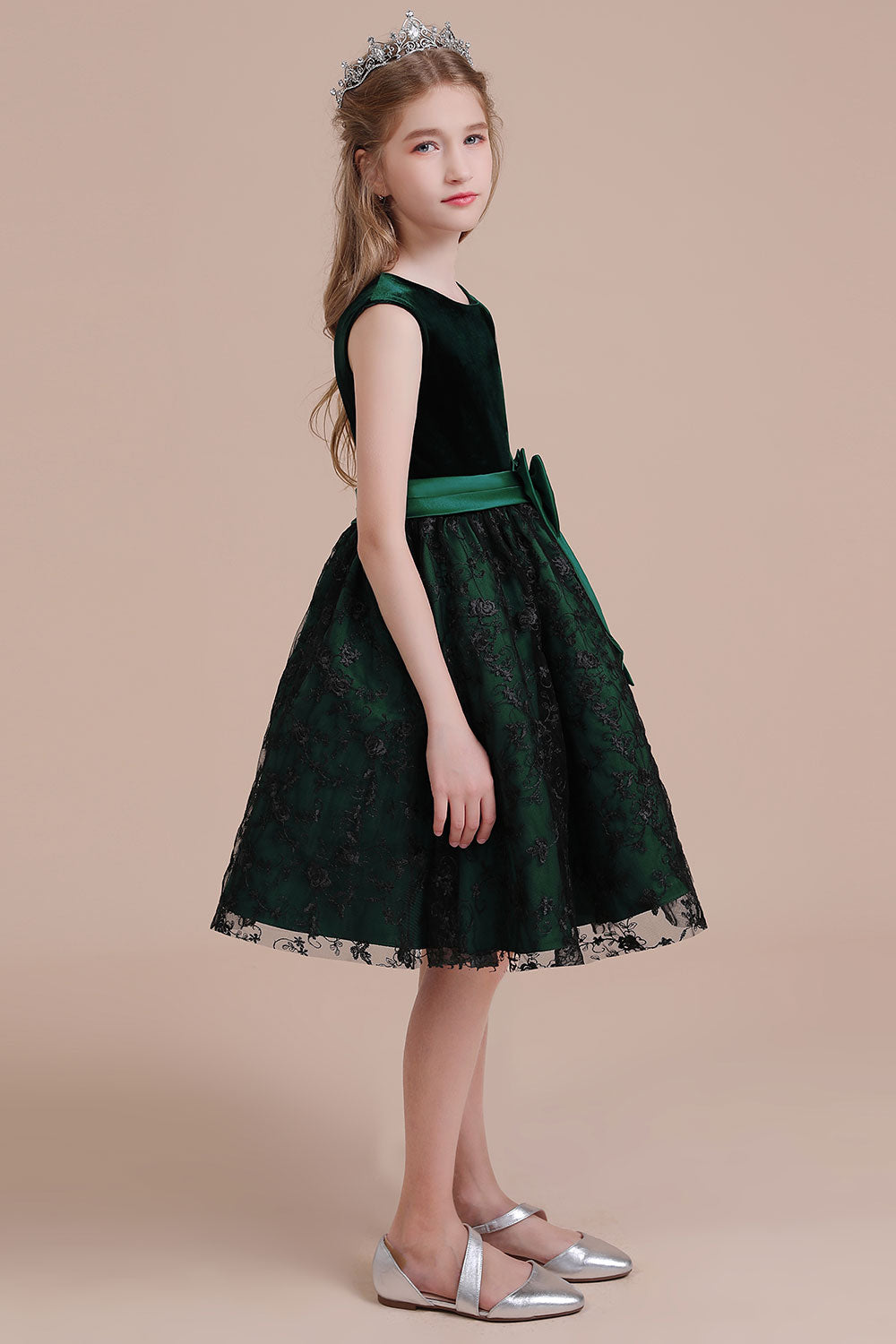 A-Line Lace Velvet Knee Length Flower Girl Dress Online