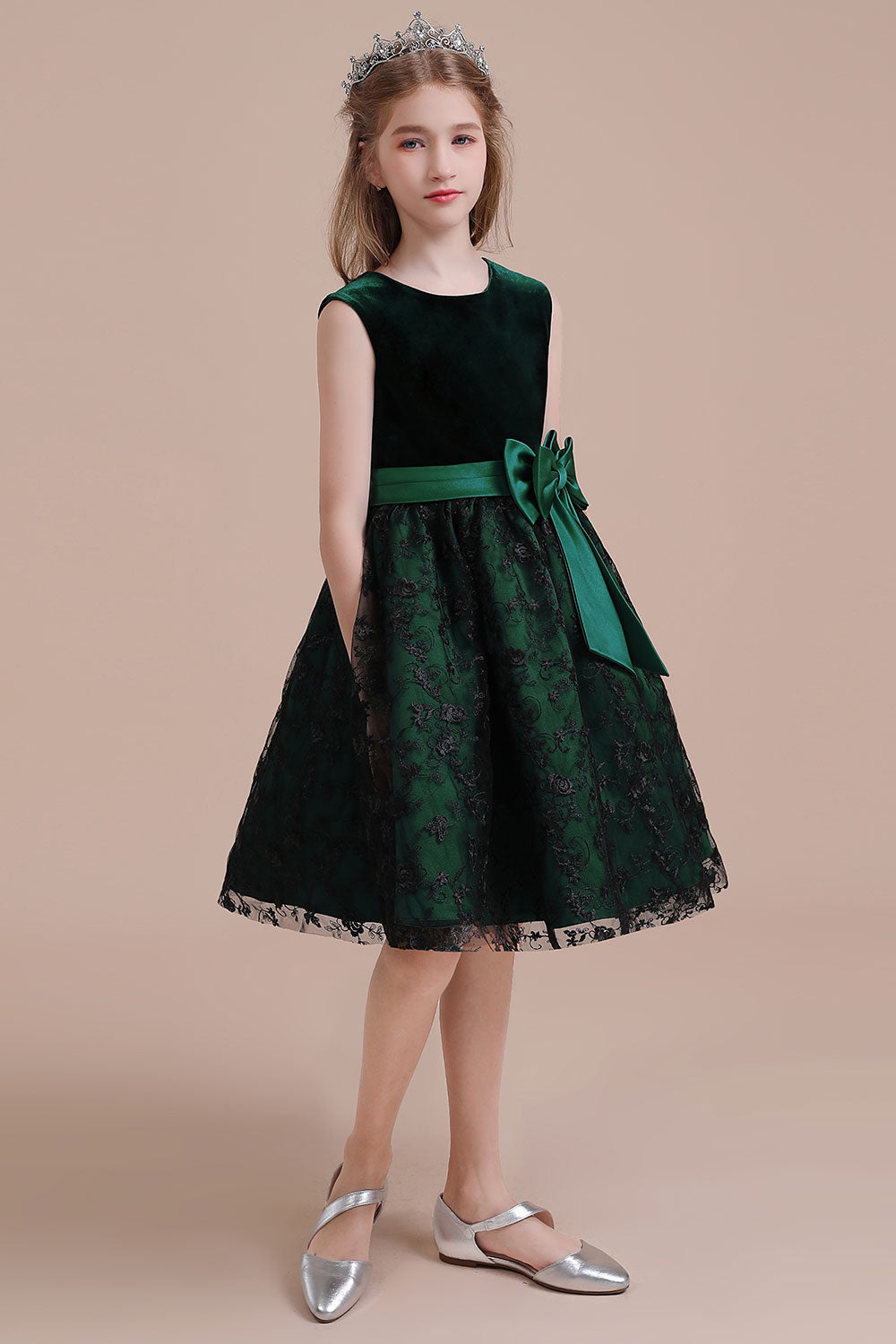 A-Line Lace Velvet Knee Length Flower Girl Dress Online