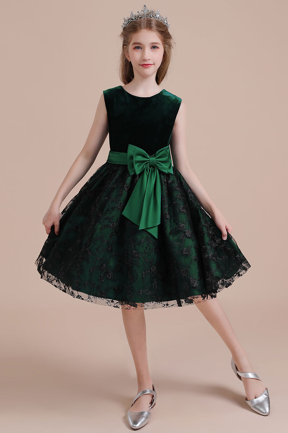 A-Line Lace Velvet Knee Length Flower Girl Dress Online