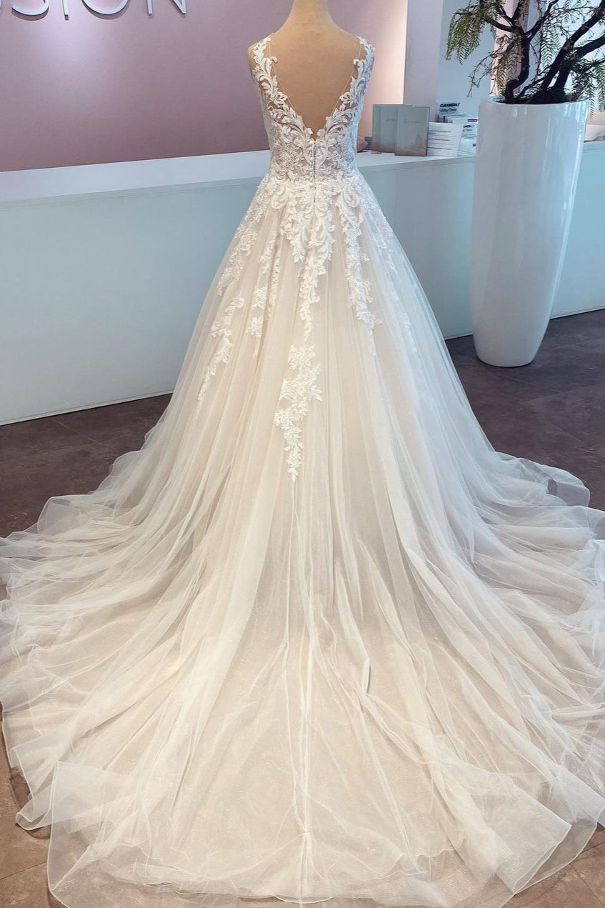 A-Line Lace Wedding Dress Sleeveless Long Bridal Gowns