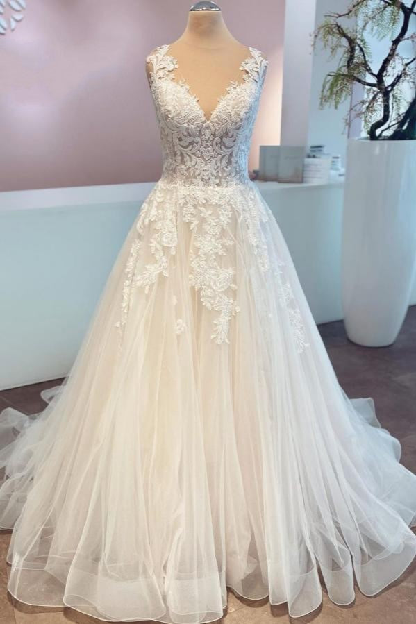 A-Line Lace Wedding Dress Sleeveless Long Bridal Gowns