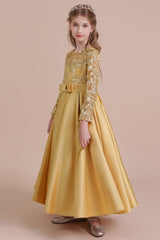 A-Line Long Sleeve Satin Ankle Length Flower Girl Dress Online