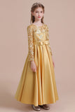 A-Line Long Sleeve Satin Ankle Length Flower Girl Dress Online